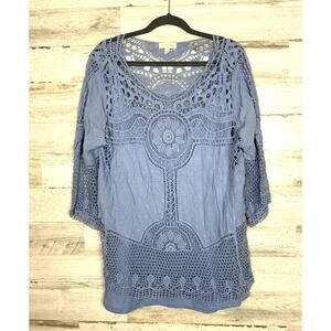 Adiva womens plus 1X light blue boho crochet 3/4 sleeve blouse top new
